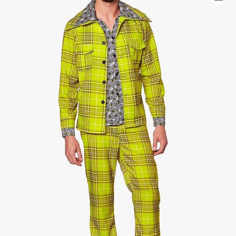 Plaid leisure suit costume. NEW/UNOPENED. One size. Lime green.